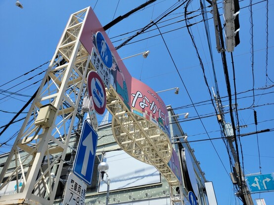 中西商店街の看板を見上げる