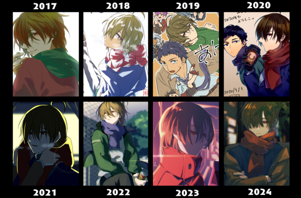 2017年から2024年の年末年始あたりに描いたイラストを時系列順に並べた画像。