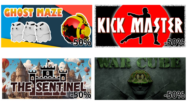 Ghost Maze (-50%)
KICK MASTER (-50%)
The Sentinel (-50%)
War Cube (-50%)
