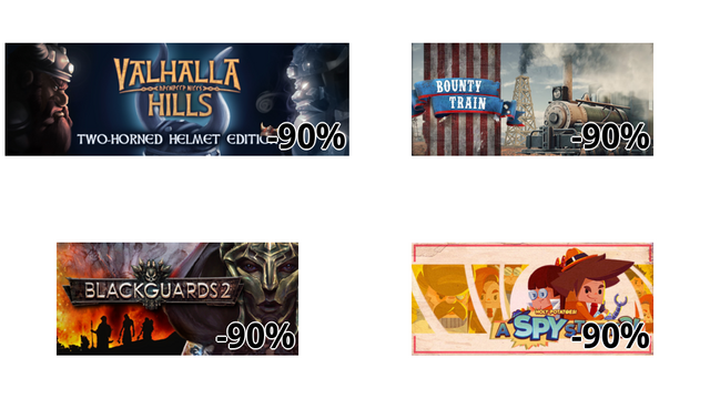 Valhalla Hills: Two-Horned Helmet Edition (-90%)
Bounty Train (-90%)
Blackguards 2 (-90%)
Holy Potatoes! A Spy Story?! (-90%)