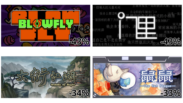 BLOWFLY (-43%)
门里 (-43%)
大衍江湖 - Evolution Of JiangHu (-34%)
ネズミの疫病 (-33%)