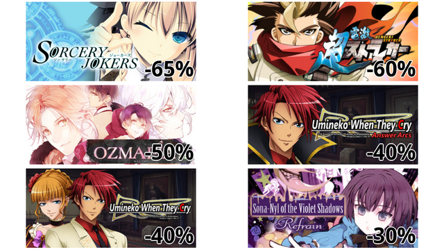 Sorcery Jokers All Ages Version (-65%)
Cho Dengeki Stryker All Ages Version (-60%)
OZMAFIA!! (-50%)
うみねこのなく頃に散 (-40%)
うみねこのなく頃に (-40%)
Sona-Nyl of the Violet Shadows Refrain (-30%)