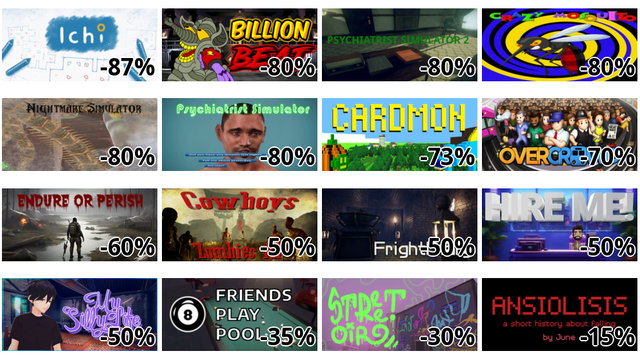 Ichi (-87%)
Billion Beat (-80%)
Psychiatrist Simulator 2 (-80%)
Crazy Mosquito (-80%)
Nightmare Simulator (-80%)
Psychiatrist Simulator (-80%)
CARDMON (-73%)
Overcrowd: A Commute 'Em Up (-70%)
Endure or Perish (-60%)
Cowboys & Zombies VR (-50%)
惊魂日记 FrightDiary (-50%)
Hire Me! (-50%)
My Silly Life (-50%)
Friends Play Pool (-35%)
Streetoir (-30%)
Ansiolisis (-15%)