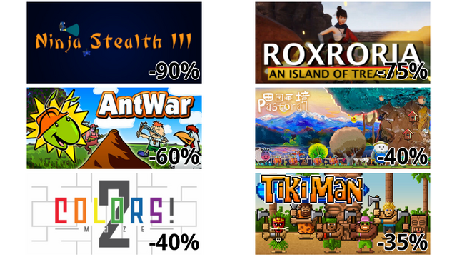 Ninja Stealth 3 (-90%)
Roxroria: An Island Of Treasures (-75%)
Ant War: Domination (-60%)
田园画境 Pastoral (-40%)
Colors! Maze 2 (-40%)
Tiki Man (-35%)