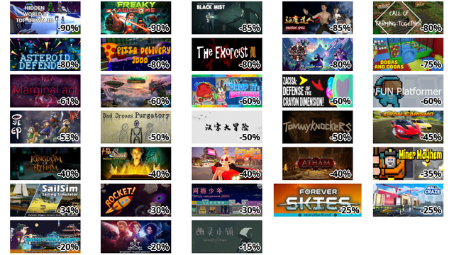Hidden World 8 Top-Down 3D (-90%)
Freaky Awesome (-90%)
SKYHILL: Black Mist (-85%)
驱魔道人2 BROKEN SPELL (-85%)
Call of Farming : Together (-80%)
Asteroid Defender! (-80%)
Pizza Delivery 3000 (-80%)
灵幻先生 : 致敬一代僵尸道长!The Exorcist (-80%)
Scroll Survival (-80%)
Doors and Doors (-75%)
Marginal act (-61%)
Legacy - Witch Island 2 (-60%)
Drop It: Block Paradise! (-60%)
ZaciSa: Defense of the Crayon Dimension! (-60%)
FUN Platformer (-60%)
罪印 Seal of sins (-53%)
Bad Dream: Purgatory (-50%)
汉字大冒险 (-50%)
Tommyknockers (-50%)
Gran Carismo (-45%)
Kingdom of Atham: Crown of the Champions (-40%)
Hide and Secret Treasure of the Ages (-40%)
Cars, Girls and Rock 'n' Roll (-40%)
Atham Battle Simulator (-40%)
Miner Mayhem (-35%)
SailSim (-34%)
Rocket! (-30%)
网瘾少年2005 Internet addicted youth 2005 (-30%)
Forever Skies (-25%)
Mall Craze (-25%)
江城のきぎょう物語 (-20%)
Spaceport Trading Company (-20%)
幽灵小镇 Spooky Town (-15%)