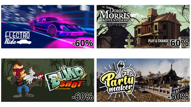 Electro Ride: The Neon Racing (-60%)
Dorian Morris Adventure (-60%)
Blind Shot (-60%)
Party Maker (-50%)