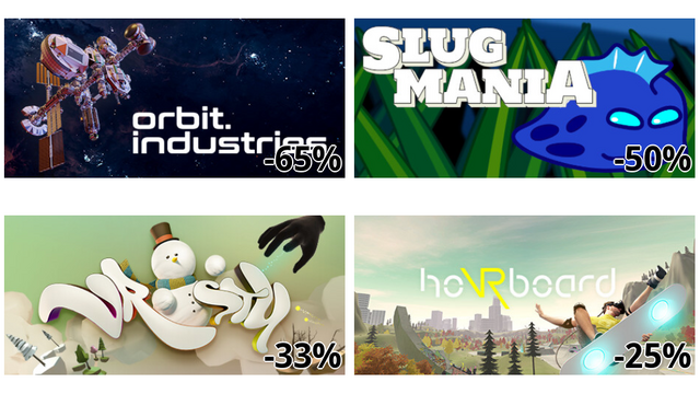 orbit.industries (-65%)
Slugmania (-50%)
VRosty (-33%)
hoVRboard (-25%)