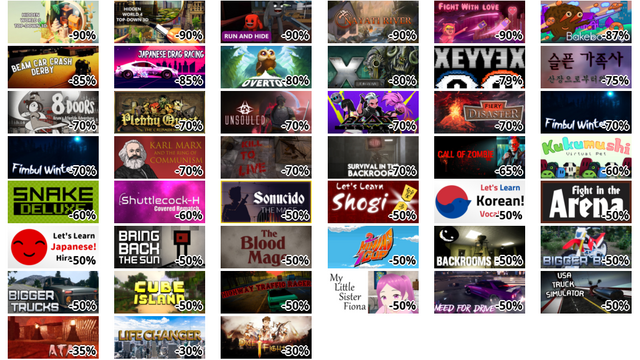 Hidden World 3 Top-Down 3D (-90%)
Hidden World 4 Top-Down 3D (-90%)
Run and Hide (-90%)
Nayati River (-90%)
Fight with love - deckbuilder datingsim (-90%)
Bakeborough (-87%)
Beam Car Crash Derby (-85%)
Japanese Drag Racing (JDM) - ジェイディーエム (-85%)
OVERTOP (-80%)
X-Team (-80%)
XEYYEX (-79%)
슬픈 가족사 - 산장으로부터의 탈출 (-75%)
8Doors: Arum's Afterlife Adventure (-70%)
Plebby Quest: The Crusades (-70%)
Unsouled (-70%)
Blade Evolution (-70%)
Fiery Disaster (-70%)
Fimbul Winter (-70%)
Fimbul Winter VR (-70%)
Karl Marx and the Ring of Communism (-70%)
Kill To Live (-70%)
SURVIVAL IN THE BACKROOMS (-70%)
Call of Zombie (-65%)
バーチャルペット「ククムシ」 (-60%)
Snake Deluxe (-60%)
Shuttlecock-H: Covered Rematch (-60%)
ソヌシード: 魔法使い - 地下牢の徘徊者 ダニエル・ダ・シルバ作 (-50%)
Let's Learn Shogi (-50%)
Let's Learn Korean! Vocabulary (-50%)
Fight in the Arena by Daniel da Silva (-50%)
Let's Learn Japanese! Hiragana (-50%)
Bring Back The Sun by Daniel da Silva (-50%)
The Blood Mage by Daniel da Silva (-50%)
2 Ninjas 1 Cup (-50%)
Backrooms Doors (-50%)
Bigger Bikes (-50%)
Bigger Trucks (-50%)
Cube Island (-50%)
Highway Traffic Racer (-50%)
My Little Sister Fiona (-50%)
Need for Drive - オープンワールド マルチプレイヤー レーシング (-50%)
USA Truck Simulator (-50%)
Atama (-35%)
Life Changer (-30%)
境界 Dice&Fighter (-30%)