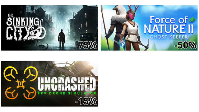 The Sinking City (-75%)
Force of Nature 2: Ghost Keeper (-50%)
Uncrashed : FPV Drone Simulator (-15%)