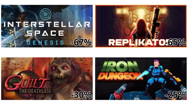 Interstellar Space: Genesis (-67%)
REPLIKATOR (-65%)
GUILT: The Deathless (-30%)
Iron Dungeon (-25%)