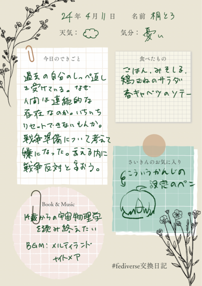 日記用テンプレートに日記が書きこまれている画像