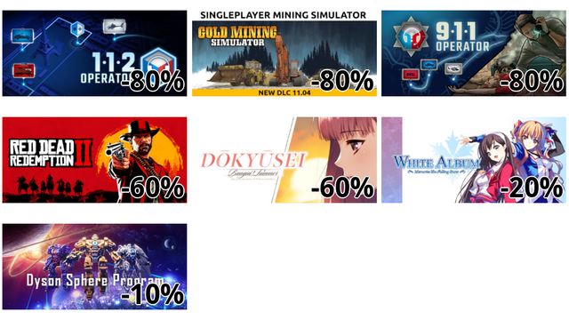 112 Operator (-80%)
Gold Mining Simulator (-80%)
911 Operator (-80%)
Red Dead Redemption 2 (-60%)
Dōkyūsei: Bangin' Summer (-60%)
WHITE ALBUM -綴られる冬の想い出- (-20%)
Dyson Sphere Program (-10%)