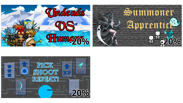 Undeads vs Humans (-20%)
Summoner Apprentice (-20%)
Pick, shoot, repeat! (-20%)