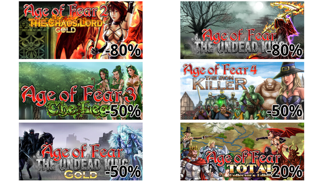Age of Fear 2: The Chaos Lord GOLD (-80%)
Age of Fear: The Undead King (-80%)
Age of Fear 3: The Legend (-50%)
Age of Fear 4: The Iron Killer (-50%)
Age of Fear: The Undead King GOLD (-50%)
Age of Fear: Total (-20%)