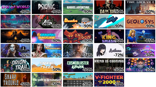 Spin the World (-90%)
PSIONIC (-90%)
Rogues Adventure (-90%)
Dark Side of War (-90%)
Time Lock VR 2 (-90%)
Alien Planet Explorer (-90%)
Bug Butcher (-90%)
Dwarfer (-90%)
GasZilla (-90%)
Geolosys (-90%)
Gold Dust (-90%)
Gravity Magician (-90%)
Kalzoon (-90%)
King Smash (-90%)
9 Clues: The Secret of Serpent Creek (-75%)
Dreamwalker: Never Fall Asleep (-75%)
Vampire Legends: The True Story of Kisilova (-75%)
Scars Above (-74%)
Aoihana (-72%)
HoloLAB Champions (-50%)
Orion Trail (-50%)
Barking Puzzle (-50%)
Cosmoblaster Exodia (-50%)
Herd is Coming (-50%)
Magic gems (-50%)
Sharp Trouble (-50%)
The path to domination (-50%)
Type Defense (-50%)
V-Fighter 2000 (-50%)