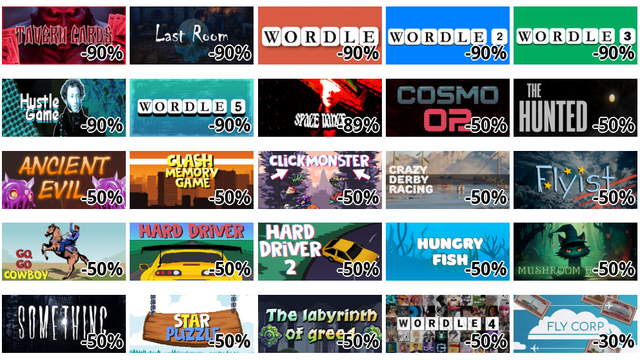 Tavern Cards (-90%)
Last Room (-90%)
Wordle (-90%)
Wordle 2 (-90%)
Wordle 3 (-90%)
Hustle Game (-90%)
Wordle 5 (-90%)
SPACE DANCE (-89%)
Cosmo 02 (-50%)
The Hunted (-50%)
ANCIENT EVIL (-50%)
Clash Memory Game (-50%)
ClickMonster (-50%)
Crazy Derby Racing (-50%)
Flyist (-50%)
Go, Go Cowboy (-50%)
Hard Driver (-50%)
Hard Driver 2 (-50%)
Hungry Fish (-50%)
Mushroom Hunter (-50%)
SOMETHING (-50%)
Star Puzzle (-50%)
The Labyrinth of Greed (-50%)
Wordle 4 (-50%)
Fly Corp (-30%)