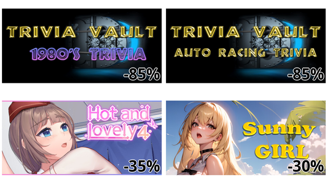 Trivia Vault: 1980's Trivia (-85%)
Trivia Vault: Auto Racing Trivia (-85%)
Hot And Lovely 4 (-35%)
Sunny Girl (-30%)