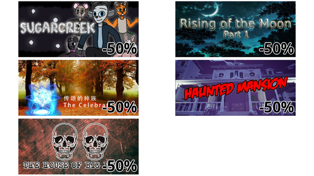 Sugarcreek (-50%)
Rising of the Moon - Part 1 (-50%)
传颂的种族 The Celebrated Race (-50%)
Haunted Mansion (-50%)
The House of Big people (-50%)