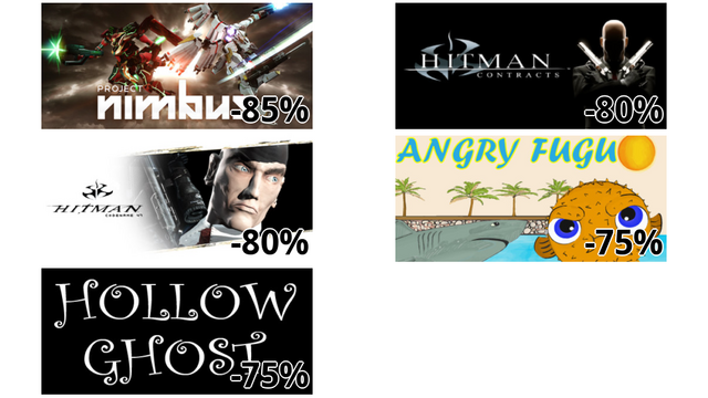 Project Nimbus: Complete Edition (-85%)
Hitman: Contracts (-80%)
Hitman: Codename 47 (-80%)
Angry Fugu (-75%)
Hollow Ghost (-75%)