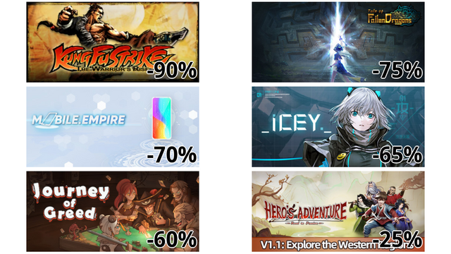 Kung Fu Strike - The Warrior's Rise (-90%)
Tale of Fallen Dragons (-75%)
Mobile Empire (-70%)
ICEY (-65%)
Journey of Greed (-60%)
大侠立志传 (-25%)