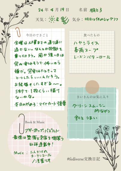日記用のテンプレートに日記が書き込まれている画像。内容はツリーにALTを記載。
