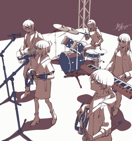 朱巳と舞阪と酸素とリセットとカレイドがバンドを組んでるイラスト。