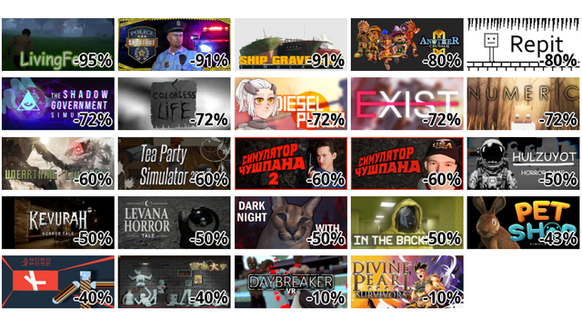 LivingForest (-95%)
Police Shootout (-91%)
Ship Graveyard Simulator (-91%)
Another Crusade (-80%)
Repit (-80%)
The Shadow Government Simulator (-72%)
Colorless Life (-72%)
Diesel Punch (-72%)
EXIST (-72%)
NUMERIC (-72%)
Unearthing Colossal (-60%)
Tea Party Simulator 2015 (-60%)
Chushpan Simulator 2 (-60%)
Chushpan Simulator (-60%)
Hulzuyot: Horror Game (-50%)
Kevurah Horror Tale (-50%)
Levana Horror Tale (-50%)
DARK NIGHT WITH FLOPPA (-50%)
In The Backrooms (-50%)
Pet Shop Simulator (-43%)
Robo Pose (-40%)
密市大亨 (-40%)
Daybreaker VR (-10%)
DIVINE PEARL: Survivors (-10%)