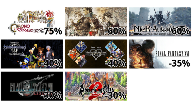 クロノ・トリガー (-75%)
オクトパストラベラー (-60%)
NieR:Automata (-60%)
KINGDOM HEARTS III + Re Mind (DLC) (-40%)
KINGDOM HEARTS -HD 1.5+2.5 ReMIX- (-40%)
FINAL FANTASY XVI (-35%)
FINAL FANTASY VII REBIRTH (-30%)
ロマンシング サガ2 リベンジオブザセブン (-30%)