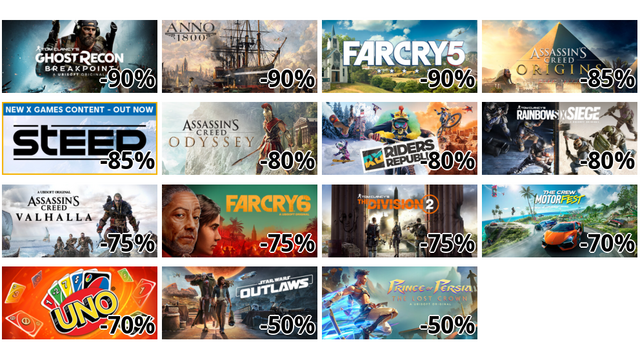 Tom Clancy's Ghost Recon Breakpoint (-90%)
Anno 1800 (-90%)
Far Cry 5 (-90%)
Assassin's Creed Origins (-85%)
Steep (-85%)
Assassin's Creed Odyssey (-80%)
Riders Republic (-80%)
Tom Clancy's Rainbow Six Siege (-80%)
Assassin's Creed Valhalla (-75%)
Far Cry 6 (-75%)
Tom Clancy’s The Division 2 (-75%)
The Crew Motorfest (-70%)
UNO (-70%)
Star Wars Outlaws (-50%)
プリンス オブ ペルシャ 失われた王冠 (-50%)