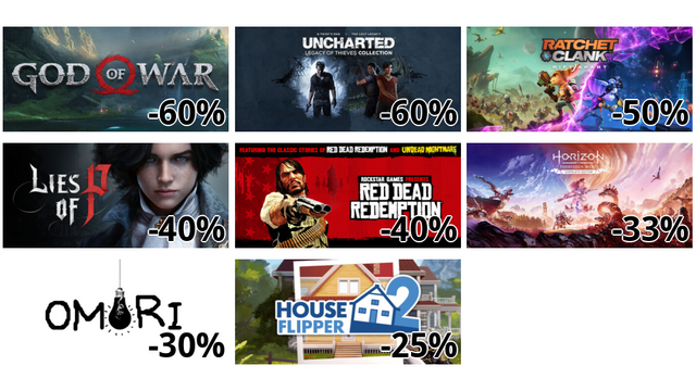 God of War (-60%)
アンチャーテッド トレジャーハンターコレクション (-60%)
ラチェット&クランク パラレル・トラブル (-50%)
Lies of P (-40%)
Red Dead Redemption (-40%)
Horizon Forbidden West Complete Edition (-33%)
OMORI (-30%)
ハウスフリッパー2 (-25%)