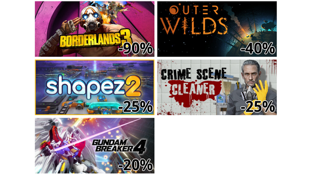 ボーダーランズ3 (-90%)
Outer Wilds (-40%)
shapez 2 (-25%)
Crime Scene Cleaner (-25%)
ガンダムブレイカー4 (-20%)