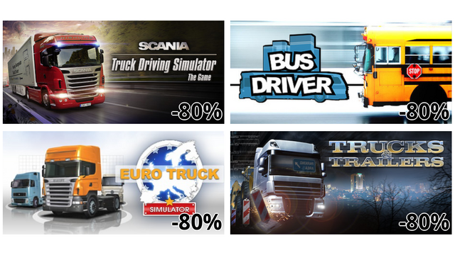 Scania Truck Driving Simulator (-80%)
Bus Driver (-80%)
Euro Truck Simulator (-80%)
Trucks & Trailers (-80%)