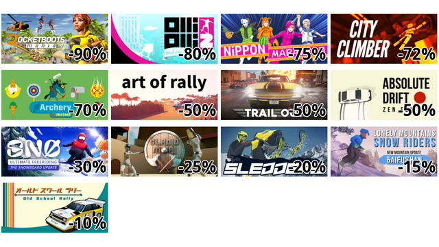 Rocket Boots Mania (-90%)
OlliOlli2: Welcome to Olliwood (-80%)
ニッポンマラソン (-75%)
City Climber (-72%)
#Archery (-70%)
art of rally (-50%)
TRAIL OUT (-50%)
Absolute Drift (-50%)
SNØ: Ultimate Freeriding (-30%)
Gladio Mori (-25%)
Sledders (-20%)
Lonely Mountains: Snow Riders (-15%)
オールド スクール ラリー (-10%)