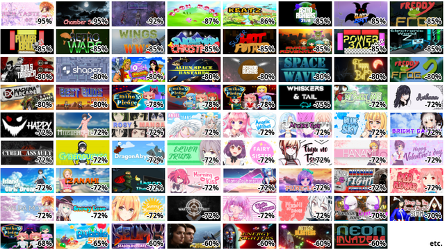 Rich Taste of Ecchi (-95…
Chamber Survival (-95%)
Arcis Ultima (-92%)
Boon Boon (-87%)
Keatz: The Lonely Bird (…
Astro Fighters 2178 (-85…
Flappy Bat (-85%)
Freddy Frog (-85%)
Power Ball 2021 (-85%)
Retro Wars (-85%)
Wings Of WW2 (-85%)
Snowman Saves Christmas …
Super Hot Potato (-85%)
Ava's Adventure (-85%)
Power Ball 2022 (-85%)
Electronic World Z (-85%…
God's Trigger (-80%)
shapez (-80%)
Outta This Kingdom (-80%…
Alien Space Bastards (-8…
Asteroid Blasters (-80%)
Space Waves (-80%)
Flappy Bat 2 (-80%)
Freddy Frog 2 (-80%)
Hard Truck Apocalypse: A… (-80%)
Best Buds vs Bad Guys (-…
Emiko's Pledge (-78%)
Emiko's Pledge 2 (-78%)
Emiko's Pledge 3 (-78%)
Whiskers & Tail (-75%)
My Sweet Ants! (-72%)
Aoihana (-72%)
Happy (-72%)
Midsummer Madness (-72%)
Rosy Manga (-72%)
Angel Tears (-72%)
Angelic Wishes (-72%)
Arcane Eyes (-72%)
Blue Sky (-72%)
Bright Garden (-72%)
Cyber Assault (-72%)
Cyberpunica 2.0.2.0 (-72…
Dragon Abyss (-72%)
Elven Truth (-72%)
Fairy Sister (-72%)
Fuyu no Tsuma (-72%)
HANAMI (-72%)
Happy Valentine's Day (-…
Island of Girls Dreams (…
Izanami (-72%)
Jaxon The Thief (-72%)
Morning Kiss (-72%)
Otome No Himitsu (-72%)
Pure Love (-72%)
RUSSIAN FIGHT SIMULATOR …
Red Flower (-72%)
Sakura Mochi (-72%)
Snowy Love (-72%)
Sunny Memories (-72%)
WAR ON THE STREET (-72%)
Waifu Museum (-72%)
Watashi no Kokoro! 君の事が好… (-72%)
ファントムゾーン クリプトファシア (-70%)
夢の中の世の話3-迷霧伝- (-70%)
Emiko's Pledge 4 (-68%)
バブルシューター (-65%)
SEUM: Speedrunners from … (-60%)
Eagles of World War 2 (-…
etc.