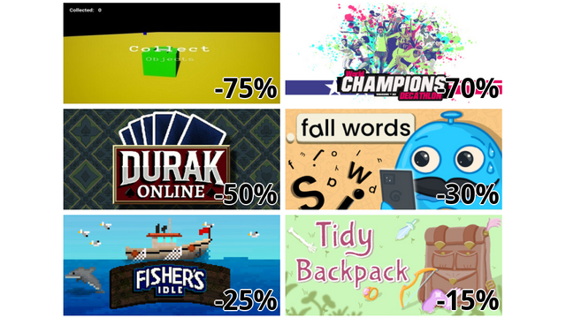 Collect Objects (-75%)
World CHAMPIONS: Decathlon (-70%)
Durak Online (-50%)
Fall Words (-30%)
Fisher's Idle (-25%)
Tidy Backpack (-15%)