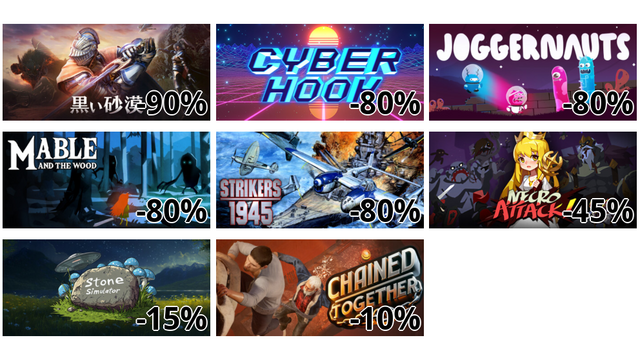 Black Desert (-90%)
Cyber Hook (-80%)
Joggernauts (-80%)
Mable & The Wood (-80%)
STRIKERS 1945 (-80%)
NecroAttack! (-45%)
Stone Simulator – Just Be a Rock (-15%)
Chained Together (-10%)
