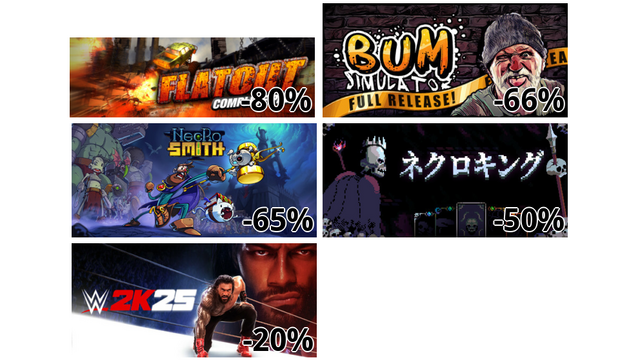 Flatout Complete Pack (-80%)
Bum Simulator (-66%)
Necrosmith (-65%)
Necroking (-50%)
WWE 2K25 (-20%)