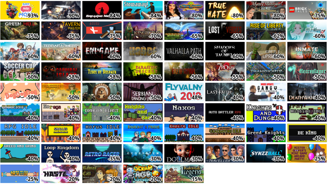 Say No! More (-93%)
Aeon (-90%)
Breaking Newton (-84%)
Stowaway (-84%)
The Far Kingdoms: Hidden… (-80%)
True Hate (-80%)
Mystery Masterpiece: The… (-80%)
LEGO Bricktales (-75%)
Green Hell (-75%)
Tavern Master (-75%)
Robo Pose (-75%)
The Far Kingdoms: Sacred… (-70%)
Legacy - Witch Island 3 …
Lost Verses (-65%)
Rise of Liberty (-62%)
英雄伝説 碧の軌跡:改 (-60%)
英雄伝説 零の軌跡:改 (-60%)
Terraformers (-60%)
ENDGAME: Survival (-60%)
HORDE Survival (-60%)
Valhalla Path: Survival …
Shadows of Taumiel (-60%…
Beetle Uprising (-60%)
INMATE: Survival (-60%)
Soccer Cup Solitaire (-6…
Cannibal Island: Surviva… (-58%)
Tides of Despair (-58%)
Parasitic Descent (-58%)
Edge Of Survival (-56%)
7 Roses - A Darkness Ris… (-55%)
Transports (-50%)
Necroslayer (-50%)
DogDogDog (-50%)
The Awakening of Mummies…
BOBRKUR (-50%)
Serbian Dancing Lady (-5…
FLYVALNY 20!8 (-48%)
The Last Faith (-40%)
GangV | VR & PC Battle R… (-40%)
DeathWatchers (-40%)
Autocraft (-40%)
Norega (-40%)
Dragon Blast (-40%)
Knights and Castles (-40…
Naxos (-40%)
AUTO_BATTLER_RPG (-40%)
Knights and Dungeons (-4…
Mission IDLE (-40%)
RPG IDLE (-40%)
Smalles (-40%)
Horus IDLE (-40%)
Knight`s Pride (-40%)
Empire IDLE (-40%)
Gladiators IDLE (-40%)
Greed Knights (-40%)
Be King (-40%)
Greed and Grind (-40%)
Loop Kingdom (-40%)
Retro Racer (-35%)
Ecosystem (-30%)
Dollmare (-30%)
The Traveller Vanilla Ve… (-30%)
Synzzball (-30%)
Mr. Goofer’s Mini Game A… (-25%)
The Hilarious Three King… (-25%)
Haste (-20%)
Ramas' Call: Twisted tim… (-20%)
etc.